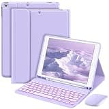 MoKo Keyboard Case with Mouse for iPad 9th/8th/7th Generation 10.2 Inch, 7 Color Backlit Magnetic Detachable Multi-System Keyboard Folio Cover with Pencil Holder for iPad 10.2 2021/2020/2019, Lilac
