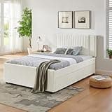 DNChuan Full Size Platform Bed with Storage Drawer and Trundle, Upholstered Bed Frame with Vertical Channel Tufted Headboard and Nailhead Trim, Space Saving, Slat Support, Adults Boys Girls (Beige)
