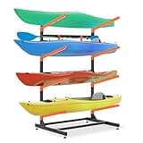 UOKRR 4 Kayak Storage Rack, Freestanding Kayak Racks for Garage, Heavy Duty Adjustable Kayak Stand Indoor Outdoor Storage Rack for Kayaks, Canoes, Surfboard & Paddleboard (4 Levels with paddle hook)