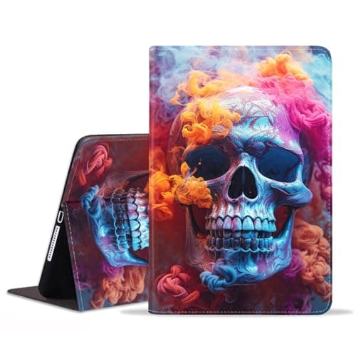 POIUYTREW Case for iPad 9th/8th/7th Gen (2021/2020/2019) 10.2 Inch, PU Leather Folio Case Smart Cover with Stand & Auto Wake Sleep for iPad Air (3rd Gen) 10.5" 2019, Colored Smoke Skull