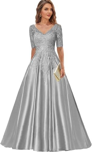 Silver Satin Long Mother of The Bride Dresses - A Line V Neck Short Sleeve Lace Appliques Formal Evening Party Prom Ball Gowns Size 4