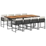 WRJENFSC 9 Piece Patio Dining Set, Black Poly Rattan Outdoor Furniture with 8 Chairs and Acacia Wood Tabletop, Space Saving Cube Garden Dining Table with Cushions for Backyard
