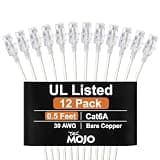 Tecmojo UL Listed Ultra-Slim Cat6a 0.5ft Ethernet Cable, 30AWG 100% Pure Copper, 10Gbps Network Cable for Router, Modem, Xbox, Laptop, Servers, 12-Pack, White