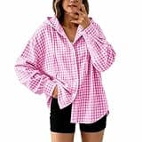 Women Gingham Plaid Button Down Hoodie Long Sleeve Drawstring Lightweight Hoodies Trendy Casual Hooded Sweatshirt Pink