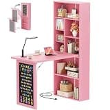 Armocity Small Folding Desk with Outlets, Convertible Writing Desk for Small Spaces/Home Office/Craft Room, Multi-Function Desk Workstation with Blackboard, Fold-Out Cabinet Table, Pink