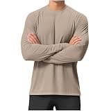 Men Sun Protection Shirt Raglan Crew Neck Long Sleeve Slim Fit Quick Dry Shirts Outdoor Running Lightweight Tees Khaki