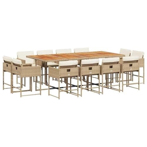 Afuera Living 13 Piece Poly Rattan Patio Dining Set, Beige Finish, Acacia Wood Table, PE Rattan Chairs with Weather-Resistant Cushions, Modern Style Outdoor Garden or Patio Furniture, Seating for 12