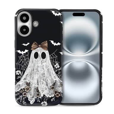 Toulas Case for iPhone 16,Scratch Resistant Hybrid Double Layer Hard Shell,Lace Ghost Elegant Halloween Gothic