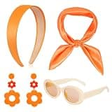 Fumwase 4 Pcs 60s 70s Hippie Costume Accessories Set for Women Disco Earrings Sunglasses Headband Scarf Halloween Party Costume (Orange)