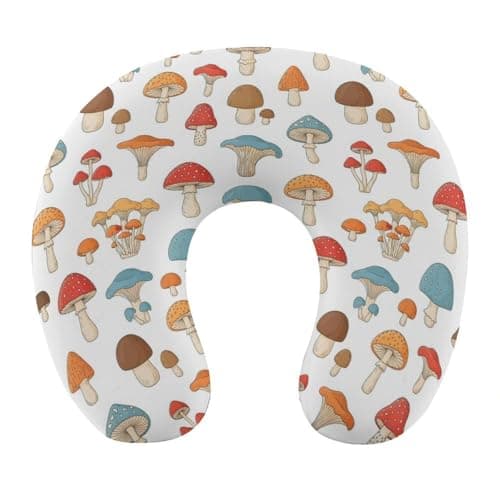 JZDACH Memory Foam Travel Pillow Mushroom Plants Printed, Breathable Chin Head Support, Washable Zip Cover for Airplane Car Office Pain Relief