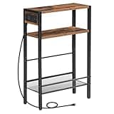 HOOBRO Small Narrow Side Table with Charging Station, Skinny End Table for Small Spaces, Slim Nightstand with USB Ports Outlet, Sofa Beside Table with Storage Shelf, Rustic Brown and Black BF102UBZ01