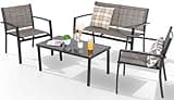 Shintenchi 4 Pieces Patio Furniture Set All Weather Textile Fabric Outdoor Conversation Set, with Glass Coffee Table, Loveseat, 2 Single Chairs for Home, Garden, Lawn, Porch(Light Brown)