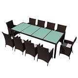 WDSAYREH 11 Piece Rattan Patio Dining Set with Cushions, Brown Poly Rattan Table and 10 Chairs with Glass Top