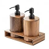 YunJove Lotion Dispenser Bottle Pump Wooden Walnut Minimalist Design with Matte Black Dispenser Suitable for Home Washroom Kitchen Counter Hotel Decor, S, 3-Piece Set