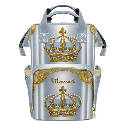 LiSoAkWE Personalized Diaper Bag Backpack,Customized Gold Prince Crown Nappy Backpack for Travel Outdoor with Name,Custom Multiuse Mommy Bag Nursing Bag Gifts