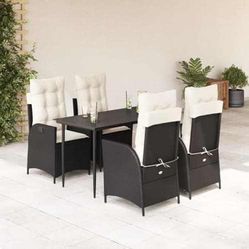 VIHHQGC 5 Piece Garden Dining Set with Black Table and Cream White Cushions for Outdoor Patio and Balcony, 55.1 x 27.6 Inch Tempered Glass Tabletop and Powder-Coated Steel Frame,