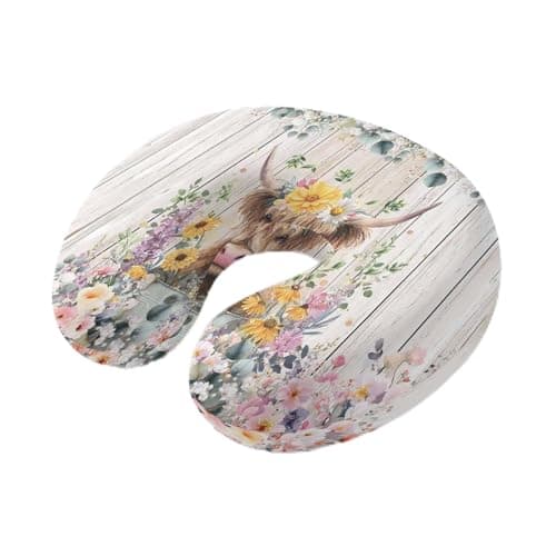 Spring Flower Cow Wood Board Travel Pillow,U Shaped Ergonomic Neck Pillows Farmhouse Animal Leaf Wooden Memory Foam Portable Neck and Head Support Cushion for Airplane Car Home Office Sleeping
