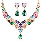 Hicarer Bridal Teardrop Cluster Crystal Jewelry Set for Women Necklace Earrings Wedding(Colored Gold)