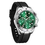 OLEVS Watch Men Sports Chronograph Quartz Male Wristwatch Waterproof Date Luminous Luxury Diver Style Black Silicone Band Fashion Trendy Military Watches, Green Face