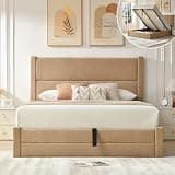 VELOCAVA Queen Size Lift Up Storage Bed Frame, Velvet-Look Upholstered Platform Bed with Clean-Lined Headboard, Hydraulic Lift, No Box Spring Needed, Warm Beige