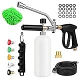 XOOL Pressure Washer Foam Cannon with Dual Connector, Car Wash Foam Gun Kit 1/4 Inch Quick Connector with 5 Power Washer Sprayer Nozzles, 5M Water Hose, Adapter, Cleaning Gloves, 1 Liter