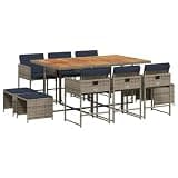 mtlskopl 11 Piece Garden Dining Set with Cushions, Grey Poly Rattan Patio Furniture Cube Set with Acacia Wood Table Top, 6 Chairs and 4 Stools for Backyard and Porch