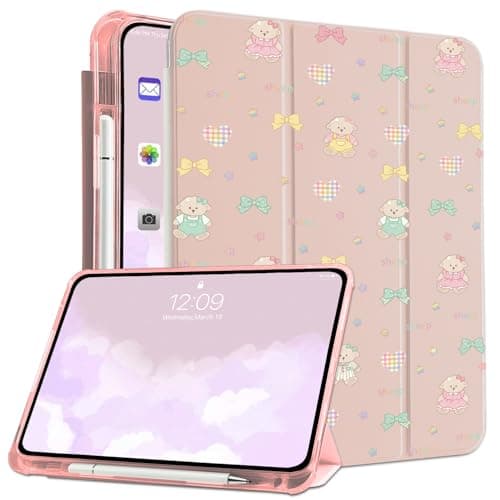 CozyNestCY Bear Bow Checkered Heart Case for Ipad Pro 11 Inch 2024 Lovely Cat Print Leather Cover Auto Sleep/Wake TPU Back Case with Pencil Holder Girl Women