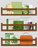 Harwaya Walnut Brown Nursery Book Shelves Wall Mounted, Wooden Floating Bookshelf for Kids Room Bedroom, Dark Wood Nursery Bookshelves for Kitchen Classroom Playroom (Solid Pine, 3-Pack)