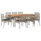 Makastle 9 Piece Patio Dining Set, Gray PE Rattan with Navy Blue Cushions, 70.9" x 35.4" x 29.5", Rectangular, Assembly Required