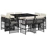 WRJENFSC 9 Piece Garden Dining Set, Black PE Rattan Outdoor Furniture with Cream White Cushions, Large 8 Seater Space-Saving Foldable Patio Table and Chairs for Backyard