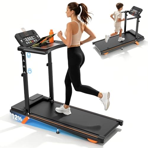 Treadmill with Desk for Home Office, 3.5HP Foldable Workstation Treadmill, 350 lbs Capacity, 12% Incline, Adjustable Handle (4 Levels), Compact Walking Pad with Removable Tabletop