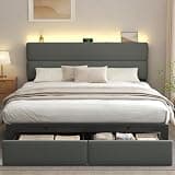 UHTN Queen Bed Frame with 2 Storage Drawers, Velvet Upholstered Platform Bed Frame with Charging Ledge, LED Headboard Lighting, Metal Support, Noise Free, No Box Spring Needed, Light Grey
