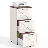 Halitaa 3 Drawer Tall File Cabinet with Wheels, Farmhouse Vertical Filing Cabinet Fits Letter/A4 Size, Rolling File Cabinets Wooden Printer Stand for Home Office, Rustic White and Brown