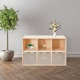 XIJIE Sturdy 6-Cube Bookcase with Baskets, Multi-Purpose Solid Wood Toy Book Organizer Shelving, Flexible 2-Tier Organizer with Non-Woven Drawers, Easy Assembly, Wood Color + Beige