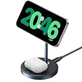 UGREEN MagFlow 2-in-1 Magnetic Wireless Charging Stand Fast Wireless Charger for iPhone 17 16 15 14 13 12 Series and AirPods, MagSafe Compatible Qi Charging Stand with 3 FT USB-C Cable (No AC Adapter)
