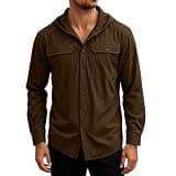 Mens Lightweight Hooded Button Down Shirt Long Sleeve Loose Quick Dry Hoodie Hiking Travel Outdoor Top with Pockets Brown