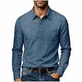 Men Linen Henley Shirt Button Front Long Sleeve Loose Fit Shirt Lightweight Casual Dressy Pullover Top with Pocket Navy