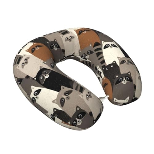 Fuzquwu Raccoon (4) Pattern Neck Pillow for Traveling Airplane,Pure Memory Foam U-Shaped Neck Pillows for Flight Headrest Sleep