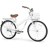 WEIZE Beach Cruiser Bike, 26 inch Commuter Bicycle for Adult Men and Women,High-Carbon Steel/Front & Rear Fenders, Comfortable City Bikes with Rear Rack&Basket, Ergonomic Upright Design,White
