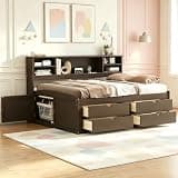 SOFTSEA Full Size Wood Daybed with Storage Drawers, Full Corner Bed with Bookcase Shelves and Built-in Cabinets, Solid Wood Bookcase Daybed for Kids Teens Adults, Antique Brown