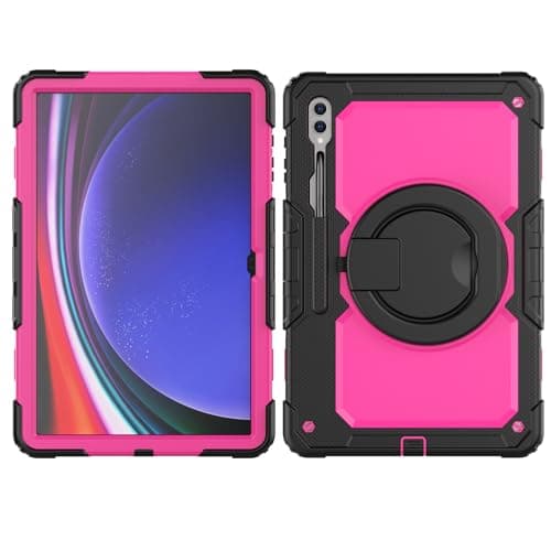 for Samsung Galaxy Tab S10 Ultra 14.6 inch (X920)(2024) Shockproof Kids Case,Screen Protector Military Grade Shockproof Case W/Rotating Handle Stand Bracket Shoulder Strap.Black+Rose Red