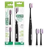 GUM Sonic Powered Toothbrush, Electric Toothbrush for Adults with Tapered Bristles to Clean Below the Gumline, Black, 1 Handle + 2 Refills