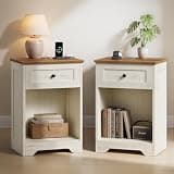 VASAGLE Traditional Basic Nightstand with Charging Station, Wood End Table with 1 Drawer and Open Shelf, 15.7 x 11.8 x 23.2 in, Cloud White and Warm Brown, for Bedroom, Siren Collection ULET828WJ01S