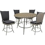 Pemberly Row 5-Piece Outdoor/Indoor Patio Dining Set, 42 in Round Powder Coated Table, Swivel Aluminum Chairs Without Arms, Dark Gray/Beige Finish, Removable Cushions, Machine Washable, PE Wicker Back