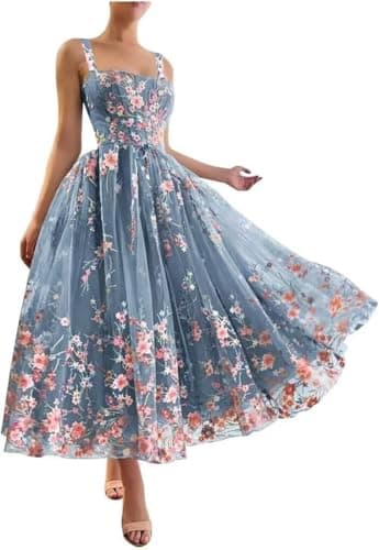 Ftupza Elegant Dusty Blue Prom Dresses with Pockets Tea Length Tulle Evening Gown Lace Spaghetti Strap Embroidery Formal Dress for Party Size 14
