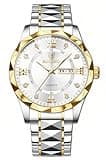 Gosasa Luxury Men's and Women's Business Diamond Stainless Steel Waterproof Roman Numeral Analog Quartz Watch with Day-Date Calendar, Gold and Silver Tone (M-Gold White Gold Hoop, Men)