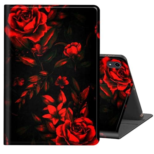 BREIDMKFM for iPad (A16) 11th Generation Case 11 Inch 2025,for iPad 10th Generation Case 10.9 Inch 2022,Auto Wake/Sleep Multi-Angle Viewing Leather Protective Stand Cover,Red Flower Black