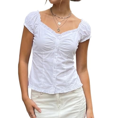 Women Puff Sleeve Cute Babydoll Tops Y2k Ruffle Sweetheart Neck Button Down Fitted Coquette T-Shirt Preppy Clothes (B White, XL)
