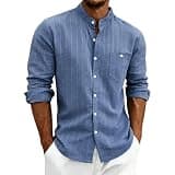 LBOVBE Men's Striped Linen Shirt Long Sleeve Button Front Mandarin Collar Shirts Loose Fit Business Tunics with Pocket Blue