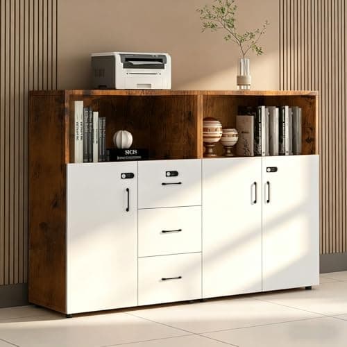 HSHBDDM File Cabinet with Password Lock, Wood Lateral Filing Cabinet for Letter/A4 Files, 3 Drawer with Door, Printer Stand with Open Shelves for Home Office